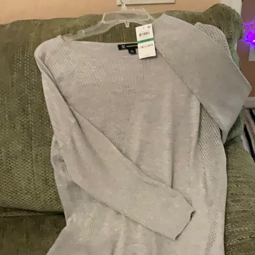 INC fancy sweater, angled bottom, netted sleeve, light gray, PL, NWT